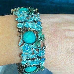 Vintage Turquoise Dragonfly Cuff Bracelet with Enamel Painted Flowers.